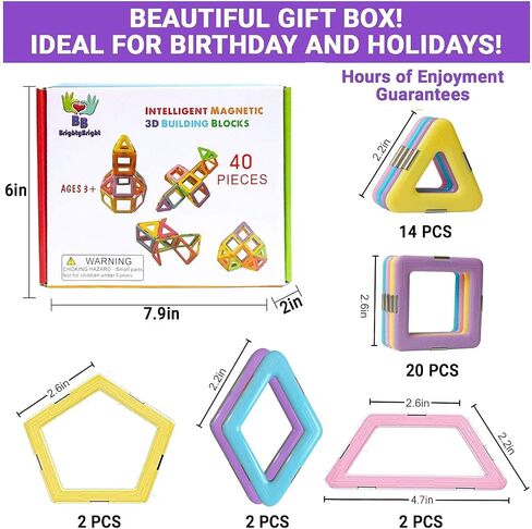 BrightyBright Magnetic Blocks Building Toys - Intelligent 3D STEM Educational Game for Kids Toddlers Boys Girls Construction Magnet Tiles Set 40 Pc - Best Gifts for Kids in Saudi Arabia