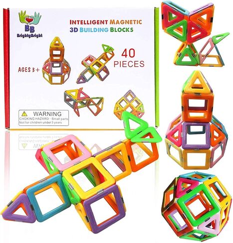 BrightyBright Magnetic Blocks Building Toys - Intelligent 3D STEM Educational Game for Kids Toddlers Boys Girls Construction Magnet Tiles Set 40 Pc - Best Gifts for Kids in Saudi Arabia