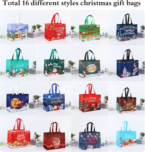 16PCS Christmas Gift Bags,Reusable Gift Bags with Handles, Fabric Christmas Tote Bags, Multifunctional Christmas Bags for Gifts Wrapping Shopping, Xmas Party Supplies Decorations, 12.6"×9.9"×6.7" in Kuwait