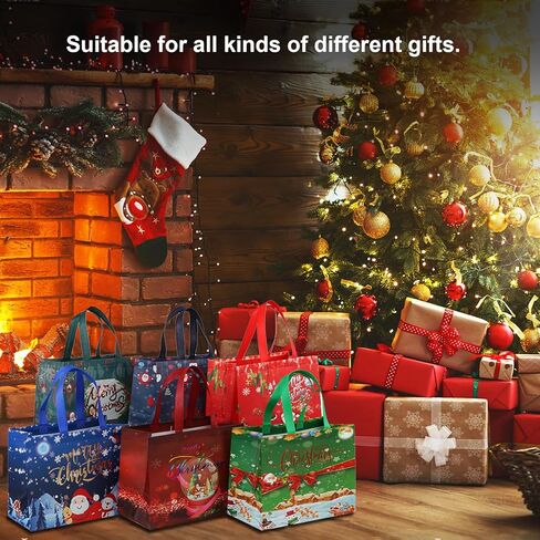 16PCS Christmas Gift Bags,Reusable Gift Bags with Handles, Fabric Christmas Tote Bags, Multifunctional Christmas Bags for Gifts Wrapping Shopping, Xmas Party Supplies Decorations, 12.6"×9.9"×6.7" in Kuwait