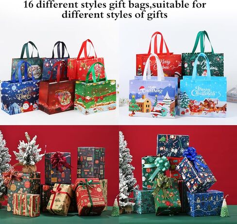 16PCS Christmas Gift Bags,Reusable Gift Bags with Handles, Fabric Christmas Tote Bags, Multifunctional Christmas Bags for Gifts Wrapping Shopping, Xmas Party Supplies Decorations, 12.6"×9.9"×6.7" in Kuwait