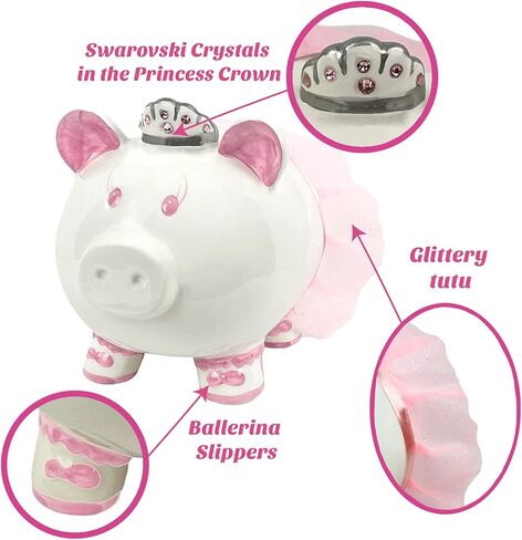 بنك الأميرة راقصة الباليه البورسلين للفتيات مع تاج كريستال سواروفسكي والتنورة الوردية، مع سدادة مطاطية in Kuwait