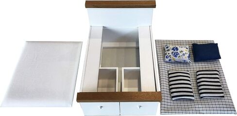 Dollhouse furniture Queen bed set, mini bedroom accessories for 6 inch dolls, blue bedding, brown wooden frame, 1/12 scale in Saudi Arabia