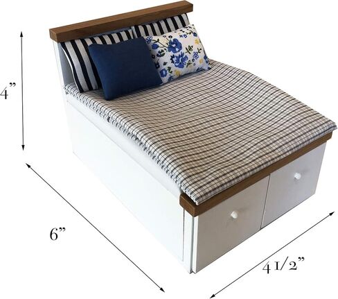 Dollhouse furniture Queen bed set, mini bedroom accessories for 6 inch dolls, blue bedding, brown wooden frame, 1/12 scale in Saudi Arabia