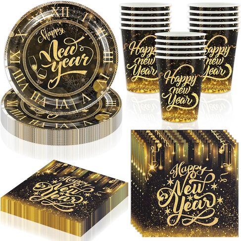 لوازم حفلات ليلة رأس السنة الجديدة 2023، ادوات مائدة للاستعمال مرة واحدة تتضمن اكواب واطباق ومناديل لتزيين حفلات ليلة رأس السنة الجديدة in Kuwait