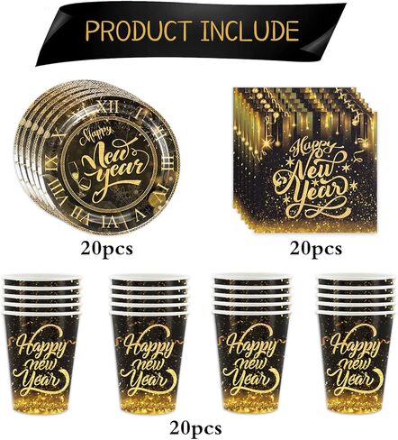 لوازم حفلات ليلة رأس السنة الجديدة 2023، ادوات مائدة للاستعمال مرة واحدة تتضمن اكواب واطباق ومناديل لتزيين حفلات ليلة رأس السنة الجديدة in Kuwait