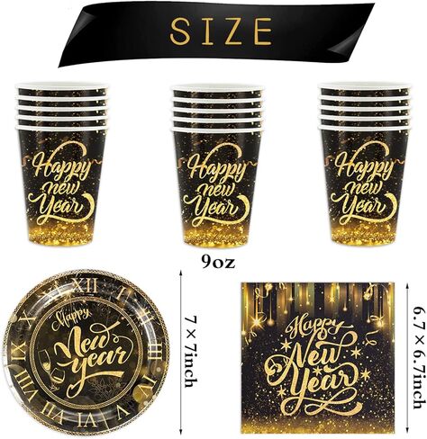 لوازم حفلات ليلة رأس السنة الجديدة 2023، ادوات مائدة للاستعمال مرة واحدة تتضمن اكواب واطباق ومناديل لتزيين حفلات ليلة رأس السنة الجديدة in Kuwait