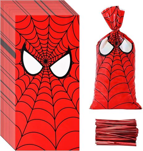 100 قطعة من أكياس الحلوى المطبوعة على شبكة العنكبوت من Lecferrarc، أكياس حلوى السيلوفان العنكبوتية، أكياس تخزين بلاستيكية جيدة، حقائب هدايا لحفلات البطل العنكبوت مع أربطة ملتوية للأطفال، لوازم حفلات أعياد الميلاد in Kuwait