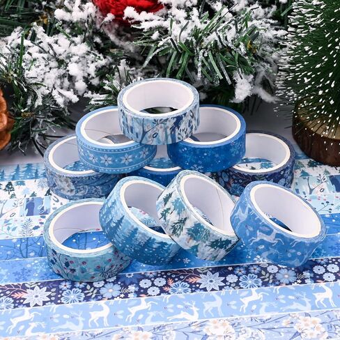 10 لفات من شريط واشي لعيد الميلاد، شريط لاصق أزرق متعدد الأنماط، شريط واشي ياباني ذاتي اللصق، شريط لاصق لعطلة عيد الميلاد، شريط لاصق لسجلات القصاصات، فنون الحرف اليدوية، تغليف هدايا المهرجانات in Kuwait