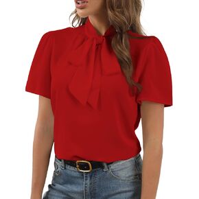 Rooscier Women's Bow Tie Knot Mock Neck Short Sleeve Elegant Workwear Blouse Shirt Top