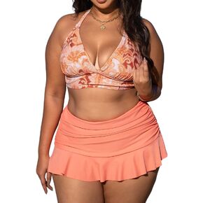 طقم بيكيني للسيدات من CUPSHE بمقاس كبير على شكل حرف V مع رسن مثلث علوي وخطاف خلفي وتنورة مكشكشة مع الجزء السفلي in Saudi Arabia