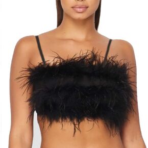 Women Rave Festival Feather Crop Tops Faux Fur Spaghetti Straps Tube Top for Concert Club Party White
