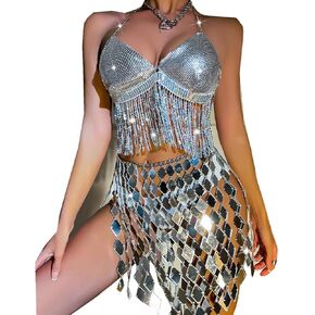 Women Glitter Sexy Rhinestone Rave Crop Top Sparkly Halter Tank Top Fishnet Tassel Camisole Outfit Clubwea