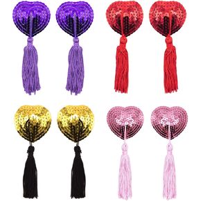 JUMISEE 4 Pairs Reusable Adhesive Nipple Cover,Shiny Sequin Silicone Heart-Shaped Breast Pads Pasties Bra with Tassel