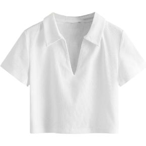 SweatyRocks Women's Collar Ribbed Knit Tee Short Sleeve Crop Top T-Shirts