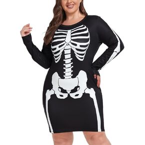ZOMVA 1X-4X حجم كبير فستان الهيكل العظمي للهالوين للنساء مثير أزياء الهالوين بسط كم طويل فستان قصير وتتسابق in Kuwait