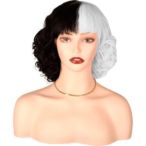 باروكة سميلكو باللونين الأبيض والأسود، باروكات قصيرة مجعدة مع غرة للنساء - مثالية للهالوين، والكريسماس، والكرنفال، والشعر المستعار التنكري (16 بوصة) in Kuwait