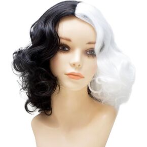 شعر مستعار VINOBOW باللونين الأسود والأبيض للنساء من Cruella Deville زي تنكري شعر مستعار صناعي قصير مجعد للحفلات اليومية