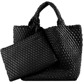 Woven Tote Bag, Women Macaron Soft Leather Weave Handbag Purse Wrist Bag Large Capacity Work Shopping Travel Daily