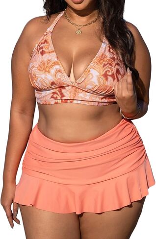CUPSHE Women Swimsuit Plus Size Bikini Set V Neck Halter Triangle Top Back Hook Ruched Ruffle Skirt with Bottom in Saudi Arabia