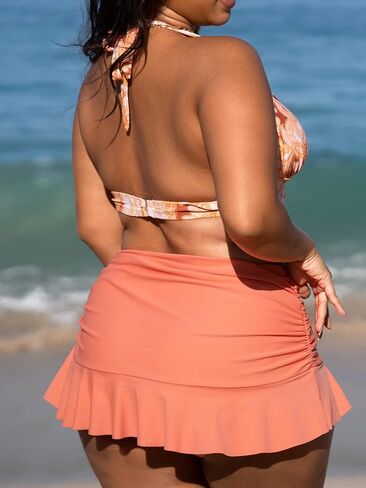 CUPSHE Women Swimsuit Plus Size Bikini Set V Neck Halter Triangle Top Back Hook Ruched Ruffle Skirt with Bottom in Saudi Arabia