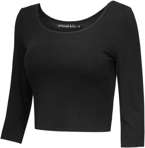 OThread & Co. Women's Crop Tops Basic Stretchy Scoop Neck 3/4 Sleeve T-Shirt in Kuwait