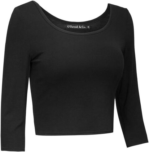 OThread & Co. Women's Crop Tops Basic Stretchy Scoop Neck 3/4 Sleeve T-Shirt in Kuwait