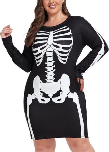 ZOMVA 1X-4X حجم كبير فستان الهيكل العظمي للهالوين للنساء مثير أزياء الهالوين بسط كم طويل فستان قصير وتتسابق in Kuwait