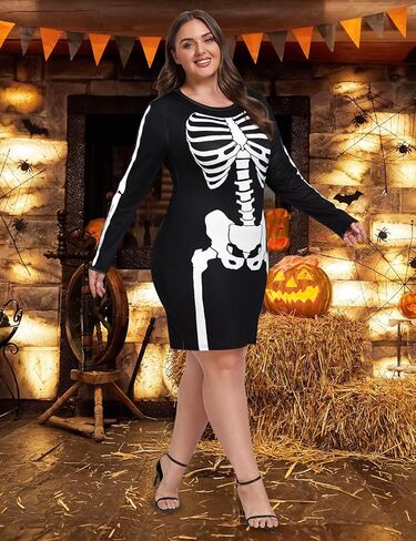 ZOMVA 1X-4X حجم كبير فستان الهيكل العظمي للهالوين للنساء مثير أزياء الهالوين بسط كم طويل فستان قصير وتتسابق in Kuwait