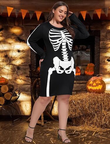 ZOMVA 1X-4X حجم كبير فستان الهيكل العظمي للهالوين للنساء مثير أزياء الهالوين بسط كم طويل فستان قصير وتتسابق in Kuwait