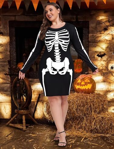 ZOMVA 1X-4X حجم كبير فستان الهيكل العظمي للهالوين للنساء مثير أزياء الهالوين بسط كم طويل فستان قصير وتتسابق in Kuwait