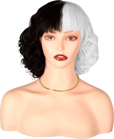 باروكة سميلكو باللونين الأبيض والأسود، باروكات قصيرة مجعدة مع غرة للنساء - مثالية للهالوين، والكريسماس، والكرنفال، والشعر المستعار التنكري (16 بوصة) in Kuwait
