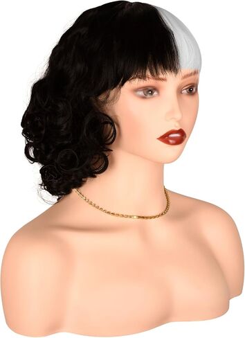 باروكة سميلكو باللونين الأبيض والأسود، باروكات قصيرة مجعدة مع غرة للنساء - مثالية للهالوين، والكريسماس، والكرنفال، والشعر المستعار التنكري (16 بوصة) in Kuwait