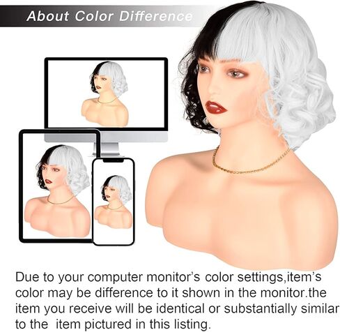 باروكة سميلكو باللونين الأبيض والأسود، باروكات قصيرة مجعدة مع غرة للنساء - مثالية للهالوين، والكريسماس، والكرنفال، والشعر المستعار التنكري (16 بوصة) in Kuwait