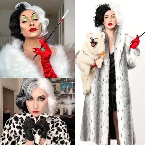 باروكة سميلكو باللونين الأبيض والأسود، باروكات قصيرة مجعدة مع غرة للنساء - مثالية للهالوين، والكريسماس، والكرنفال، والشعر المستعار التنكري (16 بوصة) in Kuwait