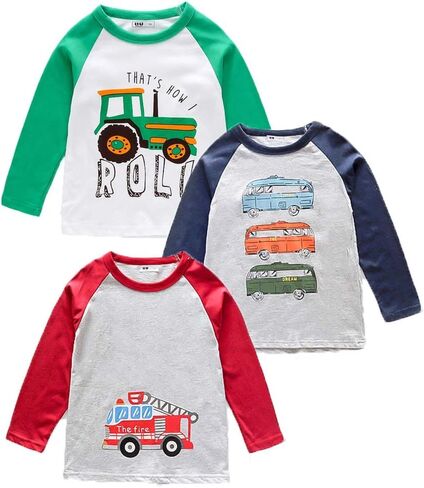 HZXVic Boys Long Sleeve Shirts Toddler T-Shirts Cotton Kids Crewneck Tops Graphic Tee 3-Pack in Kuwait