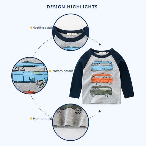 HZXVic Boys Long Sleeve Shirts Toddler T-Shirts Cotton Kids Crewneck Tops Graphic Tee 3-Pack in Kuwait