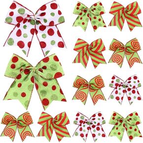 Ceenna 12 Pcs Christmas Red Green Bows Decoration 6 Inch Ribbons Stripe Dot Bows Tie Garland Bows Glitter Hanging Wreaths Ornaments for Tree Outdoor Indoor Home Wedding Party DIY Crafts Gift Wrapping