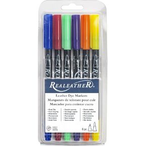 Realeather F2400-01 Leather Dye Pens, Double Sided with Fine and Brush Tips, Earth Tone Colors, 6-Pack in Kuwait