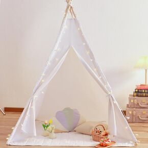 Teepee Play Tent for Kids with Padded Mat & Lights & Carry Case Playhouse for Girls Boys(White)