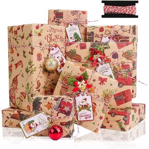 Toptime Christmas Wrapping Paper, 6 Sheets Green Gift Wrapping Paper Set w/Gift Tags, Gift Ribbon and Stickers, Green Christmas Gift Wrap w/Christmas Tree Snowflake for Holiday, Xmas (27.6"×19.7")