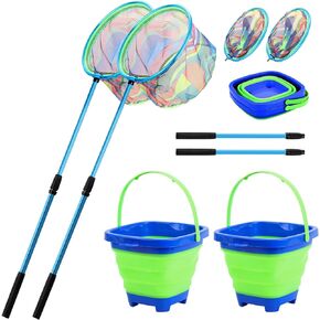 Kids Fishing Net, 2 Pack Telescopic Landing Nets with Aluminum Pole Handle, Collapsible Kids Bucket Sand Pail, Butterfly Net for Kids, Fishing Net for Kids Youth, Outdoor Playing