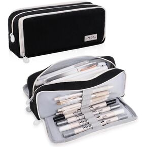 iSuperb Multi Compartments Pencil Case 3 Zippers Pencil Pouch Pen Case Bag Organizer Square Grid for Kids Teen Child Student School Supplies Cosmetic Bags (Black)