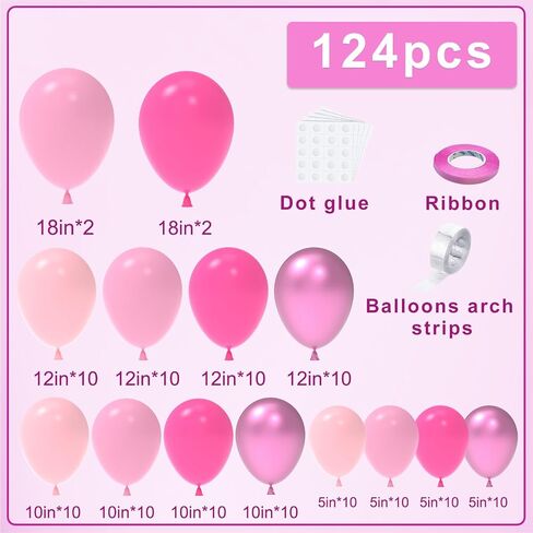 nisocy 124pcs البالونات الوردية مجموعة قوس جارلاند، 18in 12in 10in 5in مختلفة الحجم بالونات الوردي المعدني الوردي الساخن للحزب الوردي، الزفاف، استحمام الطفل، الأميرة زينة حفلة عيد ميلاد in Kuwait