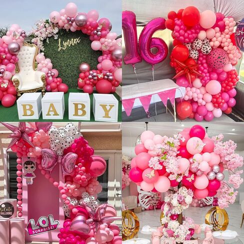 nisocy 124pcs البالونات الوردية مجموعة قوس جارلاند، 18in 12in 10in 5in مختلفة الحجم بالونات الوردي المعدني الوردي الساخن للحزب الوردي، الزفاف، استحمام الطفل، الأميرة زينة حفلة عيد ميلاد in Kuwait