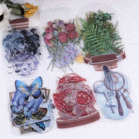 120pcs Scrapbooks Stickers, Green Fern Sticker, Large Size Mushroom Sticker, Butterflies Sticker, Transparent Bottle Sticker for Adult Nature Flower Plant Decals for Journaling, Planner in Kuwait