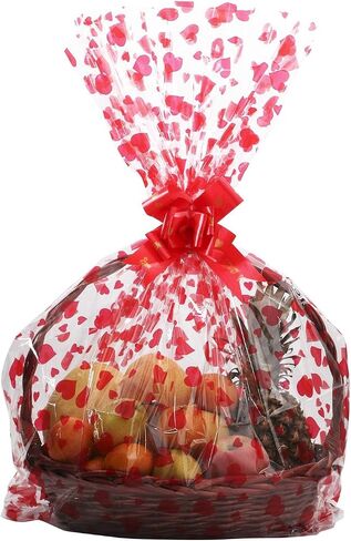 20 Pack Clear Basket Bags Pull Bow Set 10 Pack Packaging Bags Cello Cellophane Wrap and 10 Pack Ribbon Bows … (Red 30 * 44inches) in Saudi Arabia