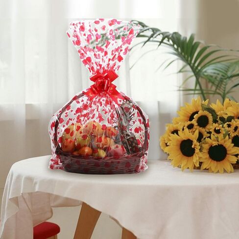 20 Pack Clear Basket Bags Pull Bow Set 10 Pack Packaging Bags Cello Cellophane Wrap and 10 Pack Ribbon Bows … (Red 30 * 44inches) in Saudi Arabia
