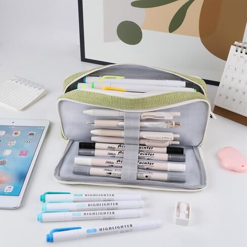 iSuperb Multi Compartments Pencil Case 3 Zippers Pencil Pouch Pen Case Bag Organizer Square Grid for Kids Teen Child Student School Supplies Cosmetic Bags (Black) in Kuwait