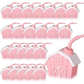 Tanlade 24 Pcs Farmhouse Cups with Lids and Straws, 10 oz Toy Farmhouse Cups for Farm Birthday Party, Barnyard Animals Party, Baby Shower Farm Animals Themed Party Decorations Favor Supplies (Red)